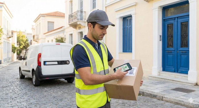 Courier σκανάρει δέμα με mobile device σε ελληνικό αστικό περιβάλλον